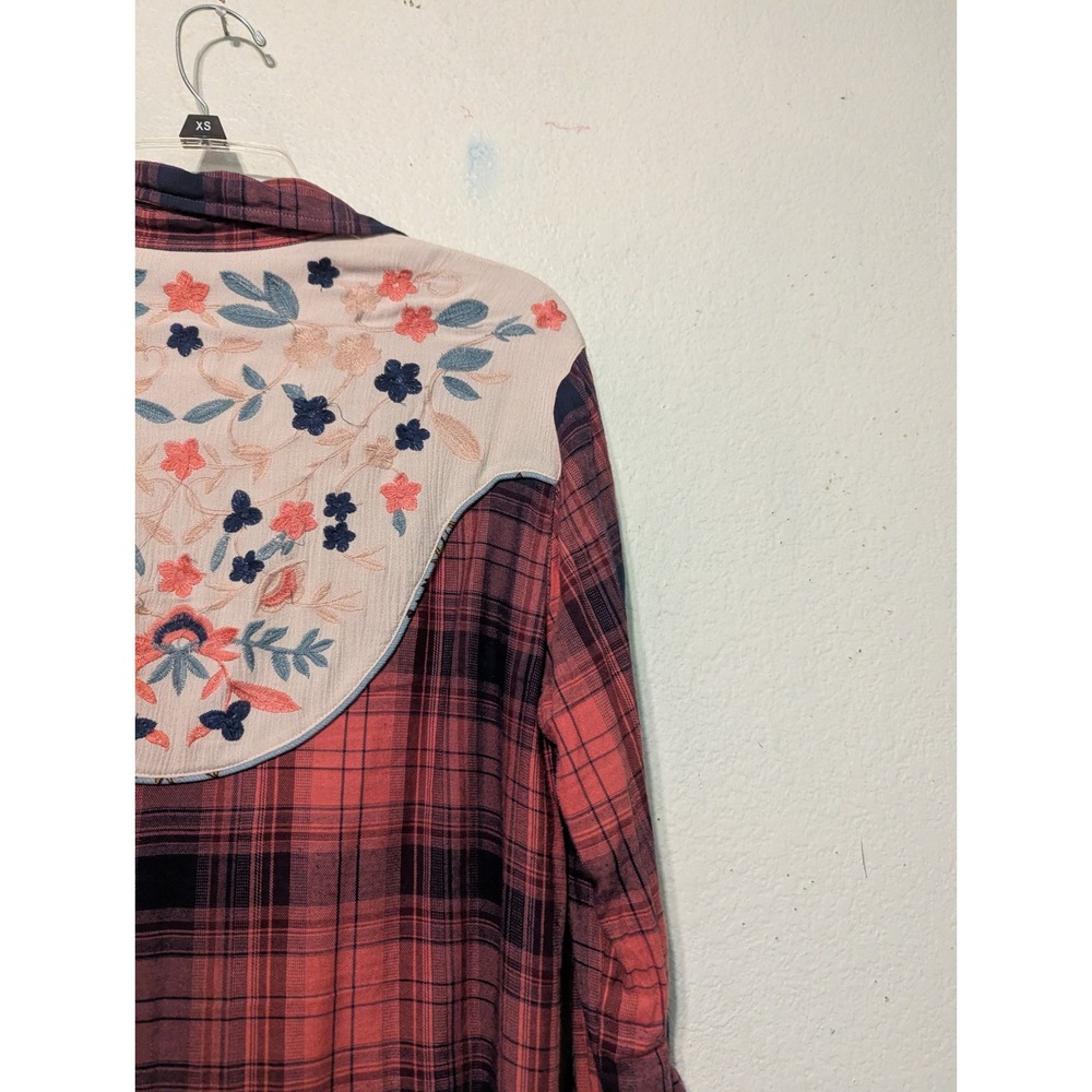 Womens John Mark Mixed Media Plaid Floral Embroidered Button Down Top Red Med - Picture 12 of 15